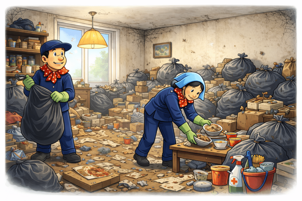 Personnages du logo de vide-maison liégeois entrain de débarrasser une maison remplie d'objets (syndrome de diogene)