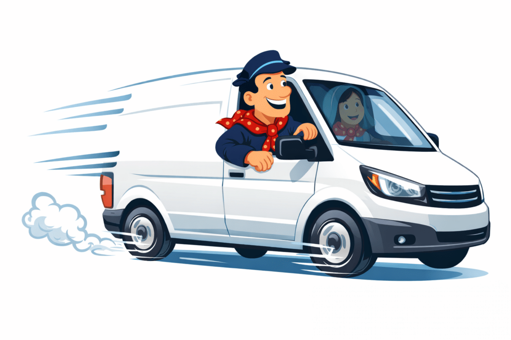 Tchantchès et nanesse de vide-maisoj liégeois en camionnette partant pour un vide-maison