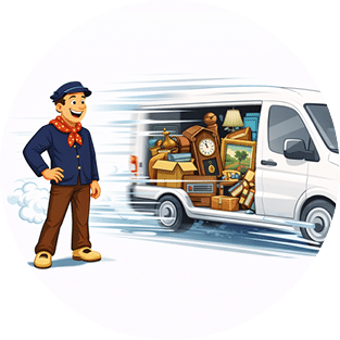 Personnages du logo de vide-maison liégeois avec sa camionnette lors d'un vide grenier
