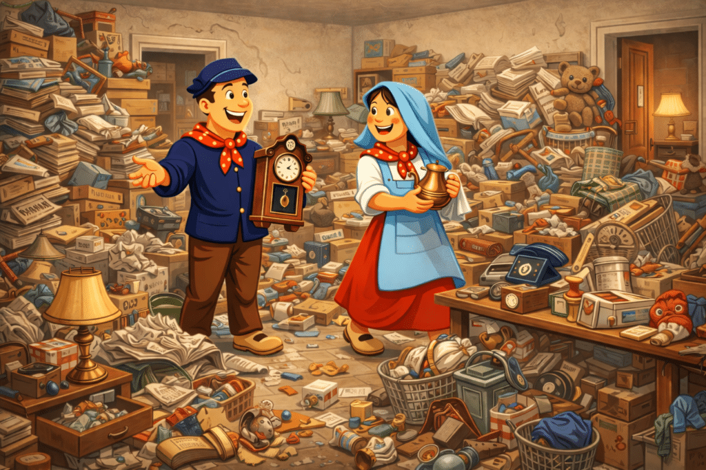 Les personnages du logo de tchantchès et nanesse dans une maison remplie de détrituts