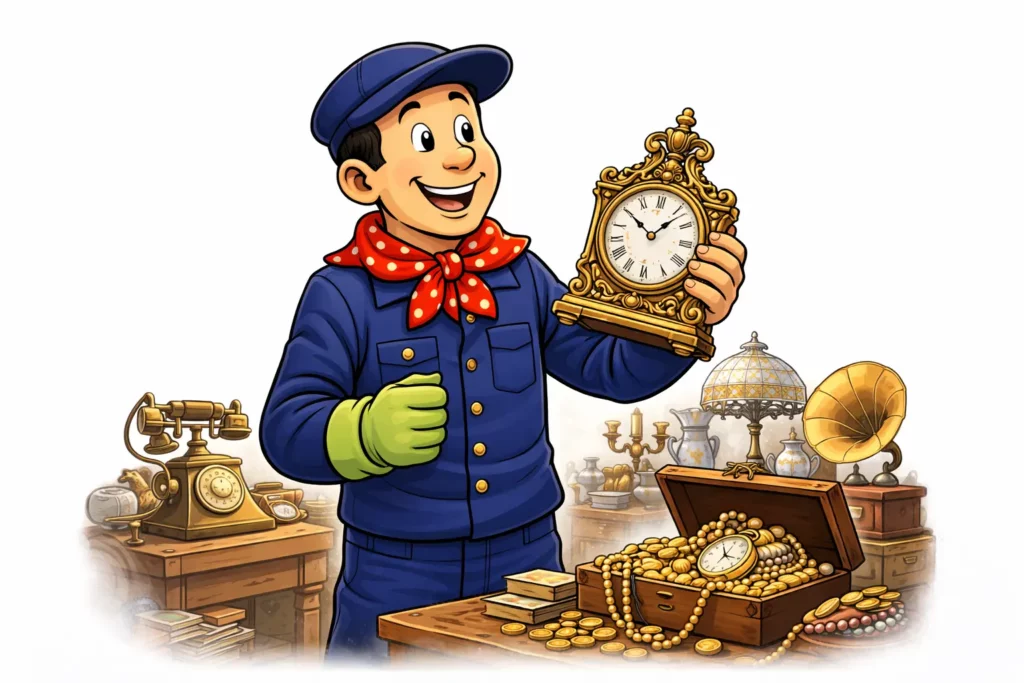 Personnage du logo de vide-maison liegeois entrain de chiner des objets valorisables dans les vides-greniers